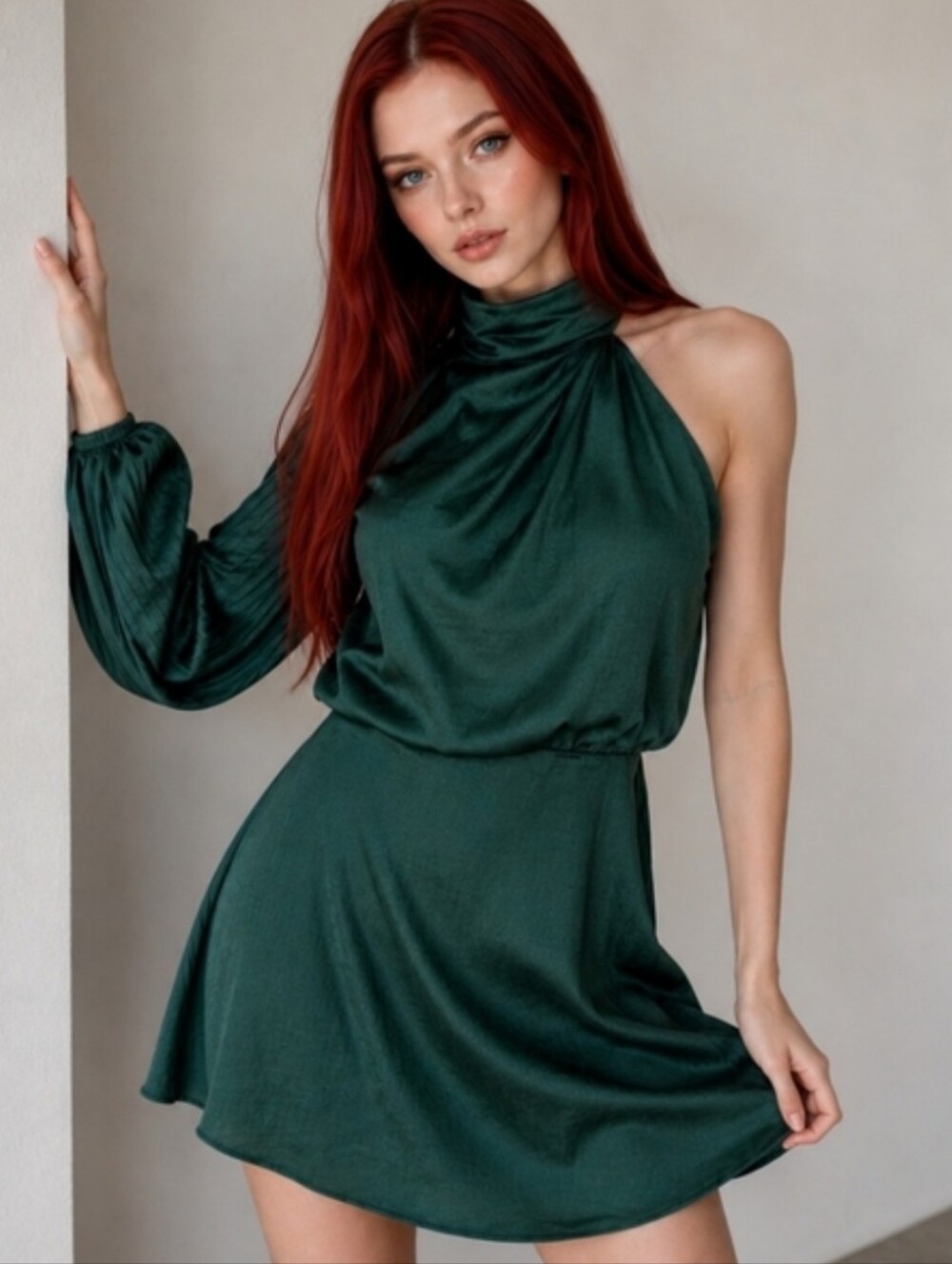 NWT Sage + Paige Differences Mini Dress XL Evergreen Satin One Balloon Sleeve